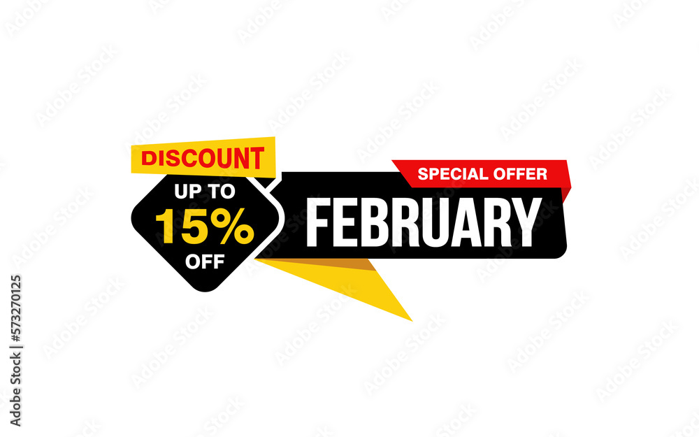 15 Percent FEBRUARY discount offer, clearance, promotion banner layout with sticker style. 15 Percent FEBRUARY discount offer, clearance, promotion banner layout with sticker style.