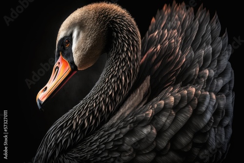 Canvas Print Black swan sweaming isolated at the black background generative ai