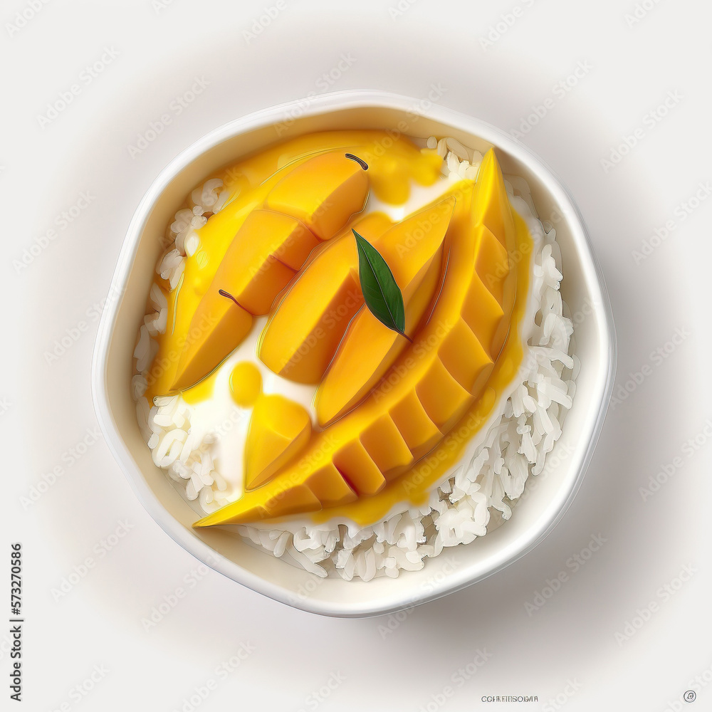 Top view sweet tasty Thai mango sticky rice delicious breakfast food on white background. AI generative image.