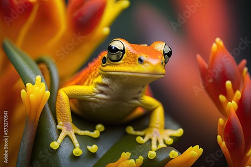 Close-up of a yellow frog on a heliconia plant generative ai