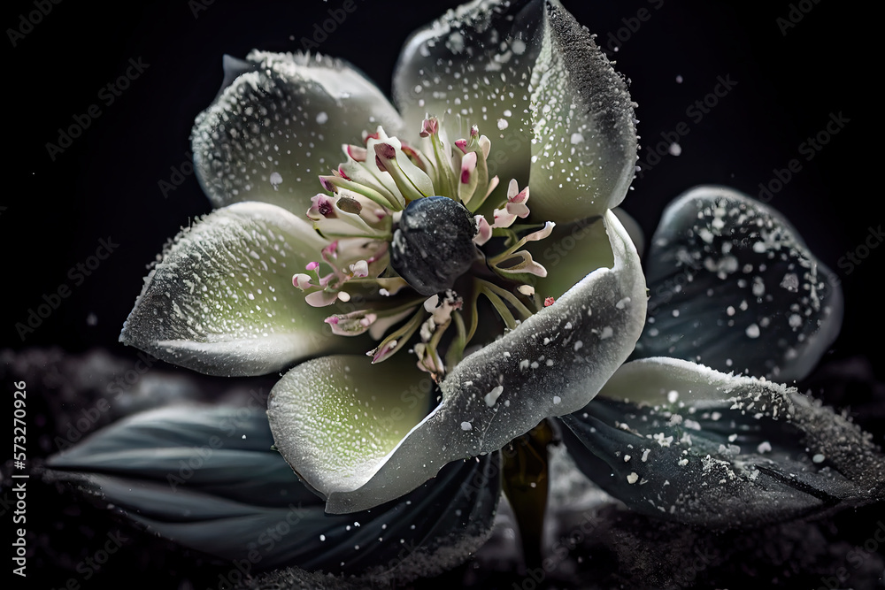 Macro shot of hellebore flower with petals covered in snow. Generative AI