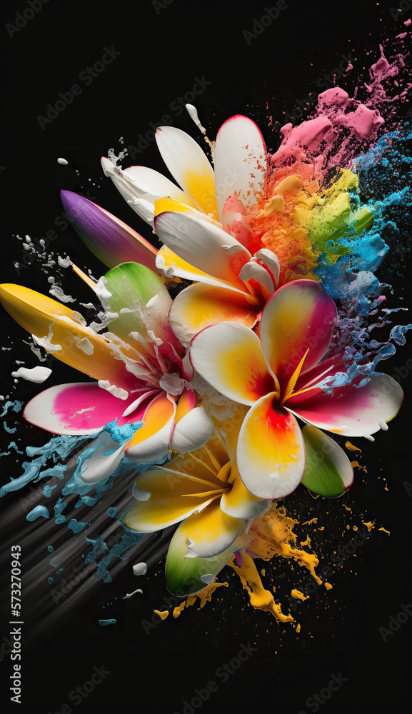 Fototapeta premium Beautiful abstract plumeria flowers with bright colored powder explosion. Floral mobile vertical splash screen template. AI generative image.