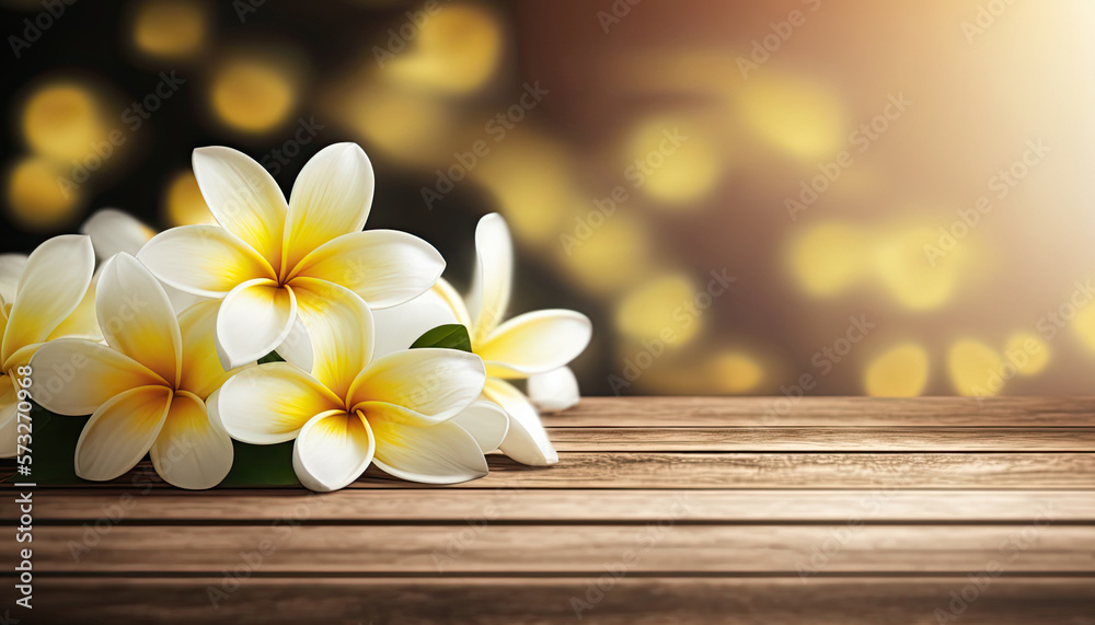 Beautiful Frangipani Plumeria flowers on wooden background with copy space. AI generative image. Beautiful Frangipani Plumeria flowers on wooden background with copy space. AI generative image.