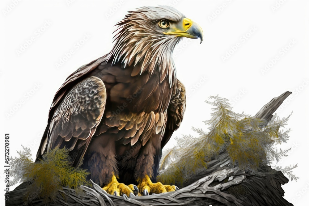 Eagle with yellow beak sitting isolated at white generative ai Eagle with yellow beak sitting isolated at white generative ai