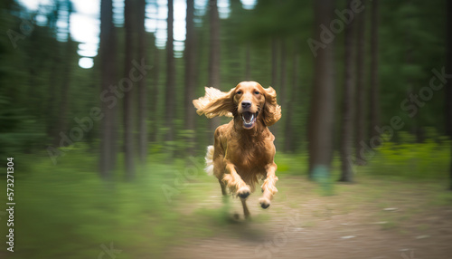 Portrait of happy dog full of joy and energy running towards camera. Park outdoor background. AI generative image.