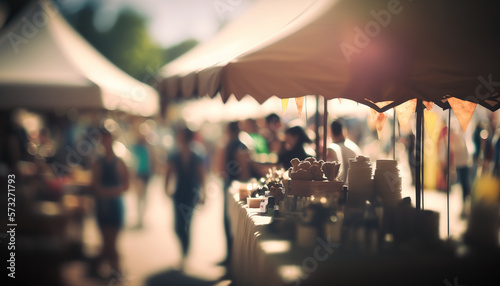 Abstract springtime street fair blurred background, outdoor backdrop with copy space. AI generative image.
