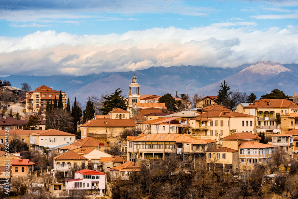 Autumn view on the town of Signagi and Alazani valley in Kakheti region, Georgia. Georgian touristic town of love. Dramatic sky
