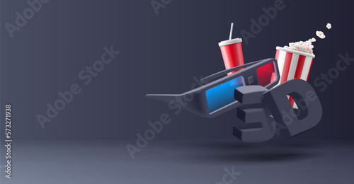 3d composition of popcorn, soda 3d glasses for watching movies in cinemas. Dark design banner for advertising cinema, movies.