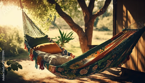 Comfortable cozy hammock in boho style hanging on trees on outdoor sunny nature background. Backyard blurred backdrop. AI generative image. photo