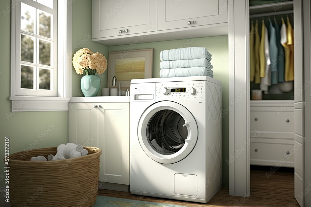home laundry room furniture with modern washing machine generative ai