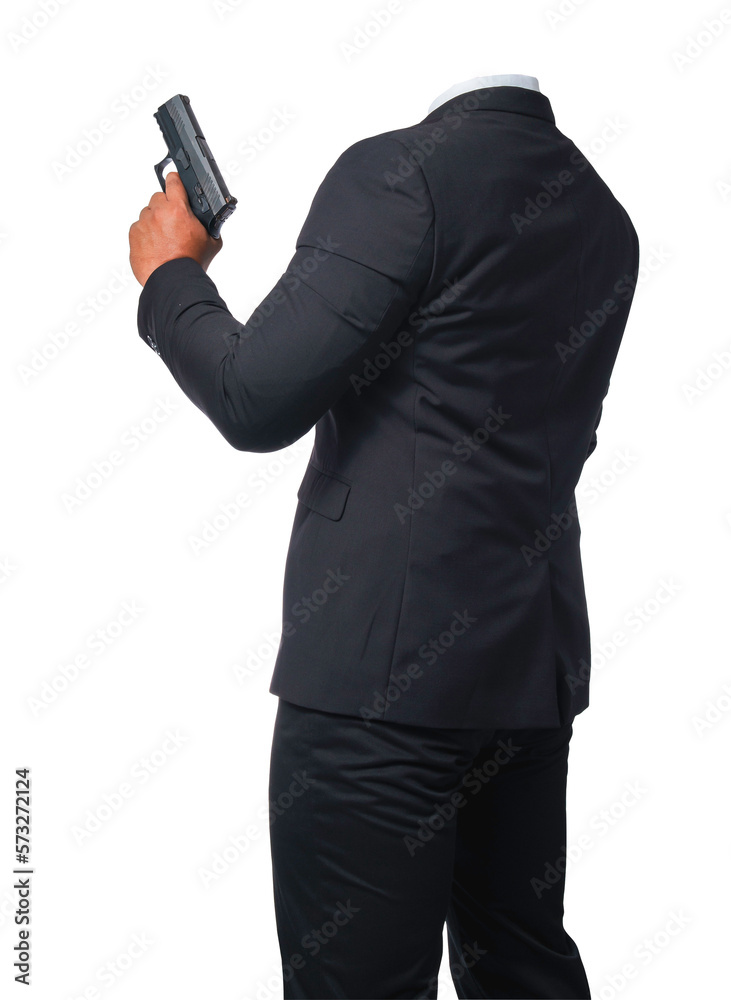 The bodyguard was wearing a black suit and holding a pistol. On transparent background, PNG file. The bodyguard was wearing a black suit and holding a pistol. On transparent background, PNG file.