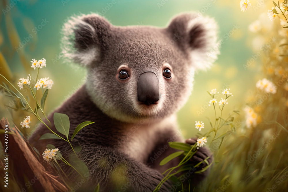 Koala sits on a green meadow in spring among flowers AI generated content Koala sits on a green meadow in spring among flowers AI generated content