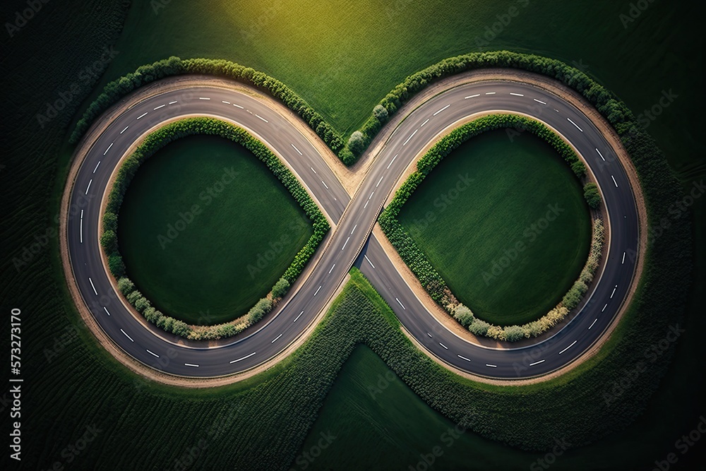 Infinite road infinity figure eight 8 endless eternity insanity going nowhere circles forever background wallpaper ongoing sustainable loop business challenges stupidity moronic journey continuous - obrazy, fototapety, plakaty 