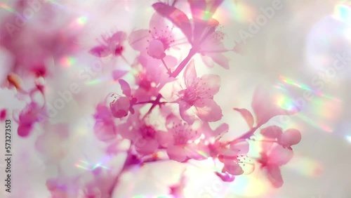 Blooming sakura branch in bright multicolored highlights on white background. Slow motion turning panoramic view. Brilliant nature.