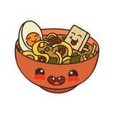 
Cute soup plate character. Miso Ramen with noodles, tofu and egg. Japanese cuisine.