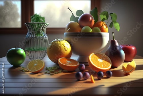 Fruits on table,Octane Render ,hyperrealism, photorealism, photorealistic