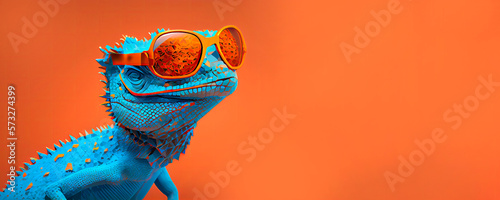 Chameleon with sunglasses on solid color background, focus on face, vector art, polycount, faceted, panorama background, HD. Generative AI. © andrenascimento