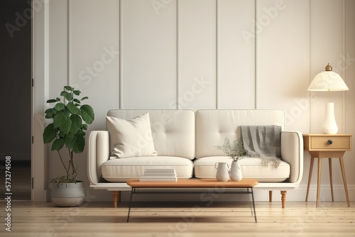 Minimal concept. interior of living beige fabric sofa, wooden table on wooden floor and white wall