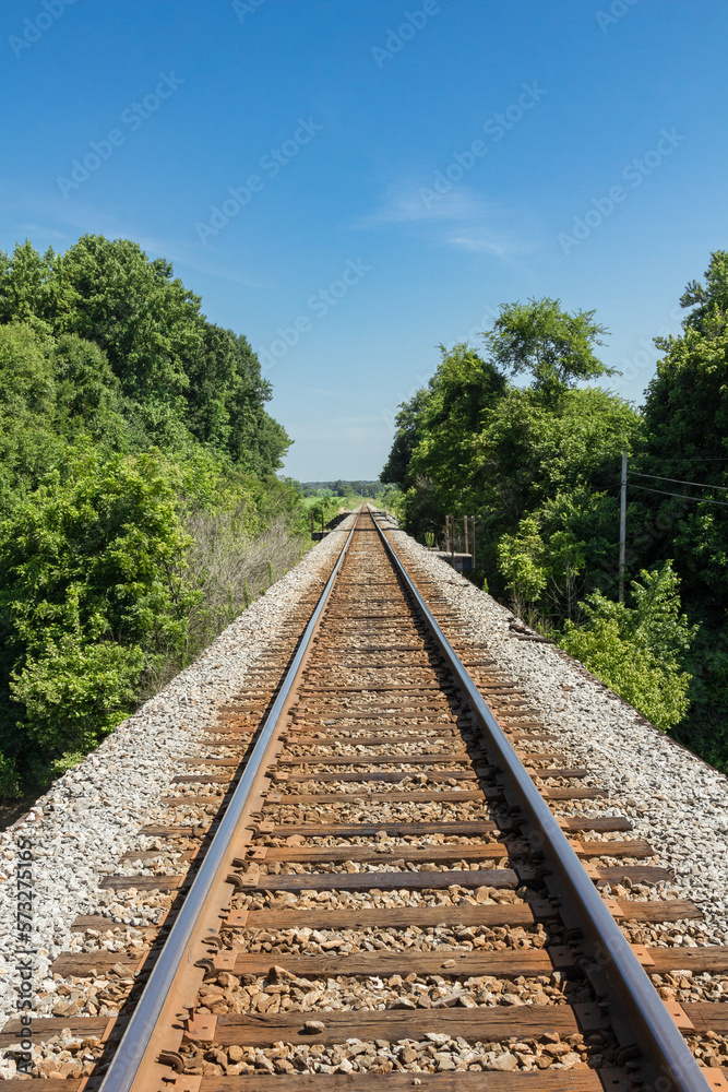 Vertical shot of railroad track leading to horizon surrounded by lush green trees and clear blue sky Vertical shot of railroad track leading to horizon surrounded by lush green trees and clear blue sky
