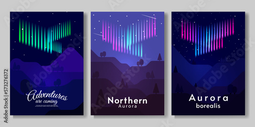 Vector illustration. Flat style landscape, aurora. Northern lights. 