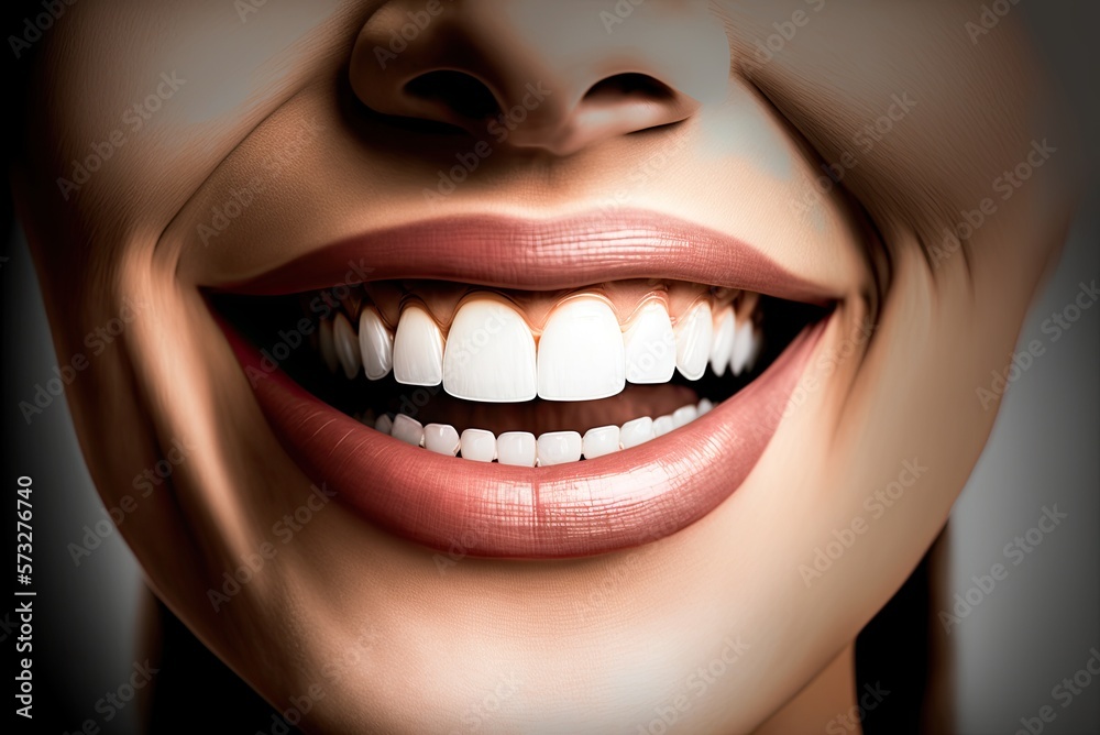 Portrait of a smiling young attractive woman showing beautifully groomed white teeth after dental hygiene at the dentist. AI generative Portrait of a smiling young attractive woman showing beautifully groomed white teeth after dental hygiene at the dentist. AI generative