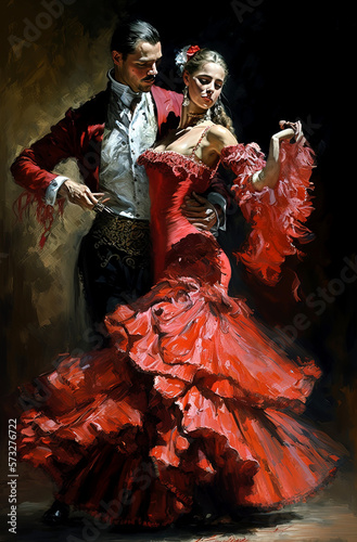 Generative AI illustration of Young couple dancing flamenco