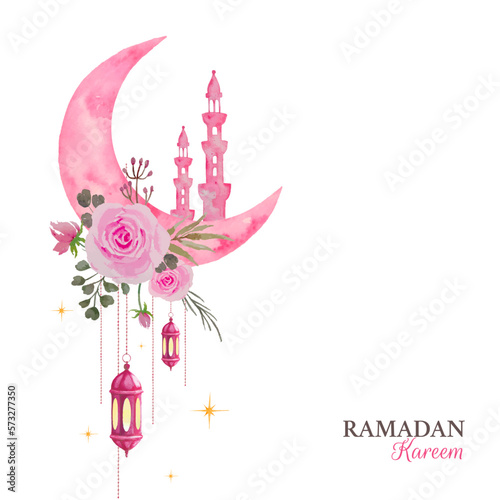 Ramadan greeting design, watercolor crescent moon and minarets decorated with pink roses bouquet and hanging lanterns illustration