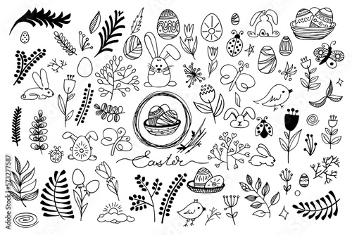 Vector hand drawn Easter pictures in doodle style. Line art illustrations for greeting card design  for design of a poster  banner  print.