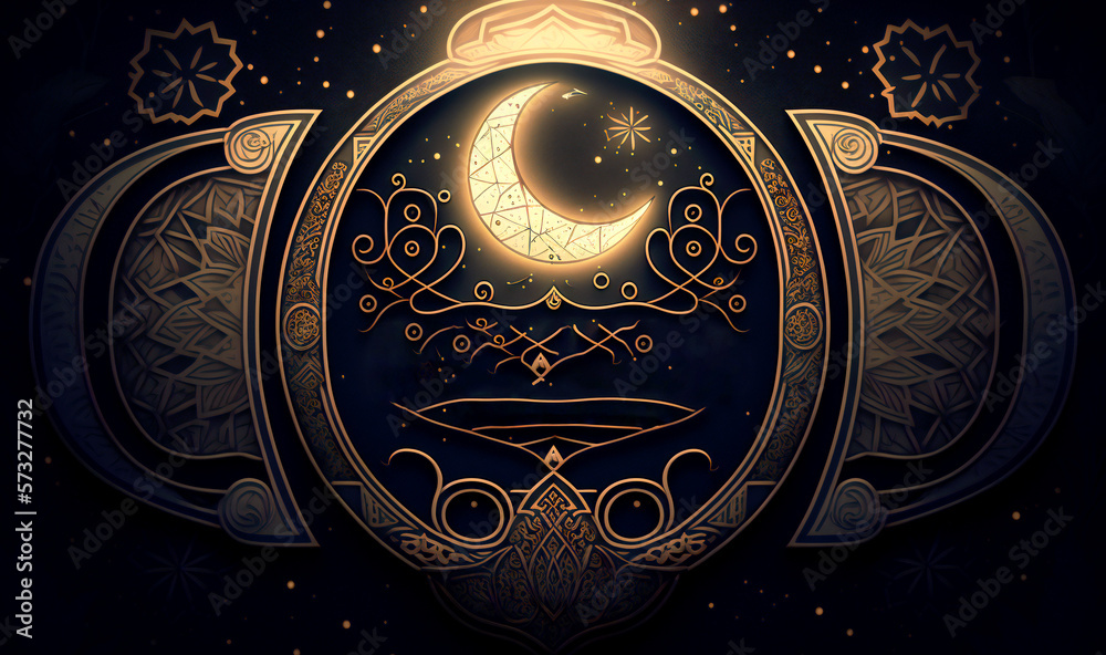 A vintage and artistic Ramadan Mubarak design, featuring a crescent moon, mosque dome, and decorative lanterns with bohemian flair