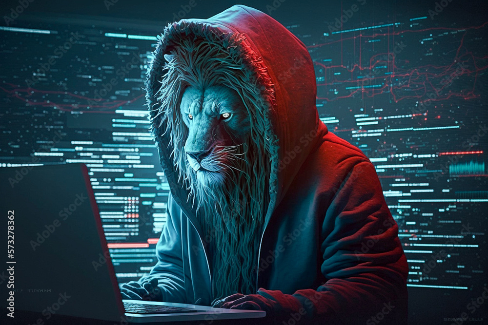 Generative AI image of a lion with computer hacking the system. Criminal  Concept Stock-Illustration | Adobe Stock