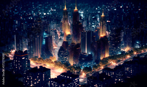Aerial view of a city skyline at night