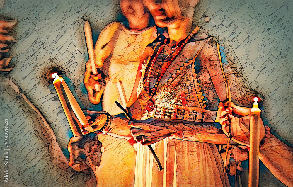 Obraz premium Women at the night ceremony. Ceremony space. Painting effect.