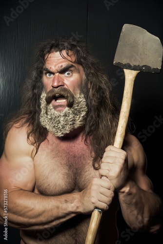 An aggressive caveman. Made with Generative AI. photo