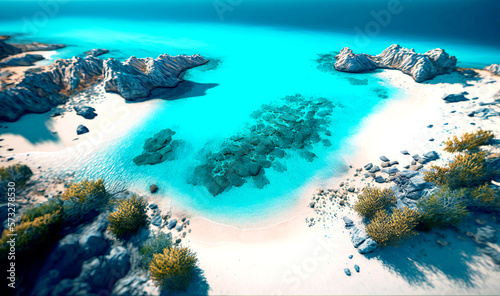 Aerial shot of a coastline with turquoise water and white sand