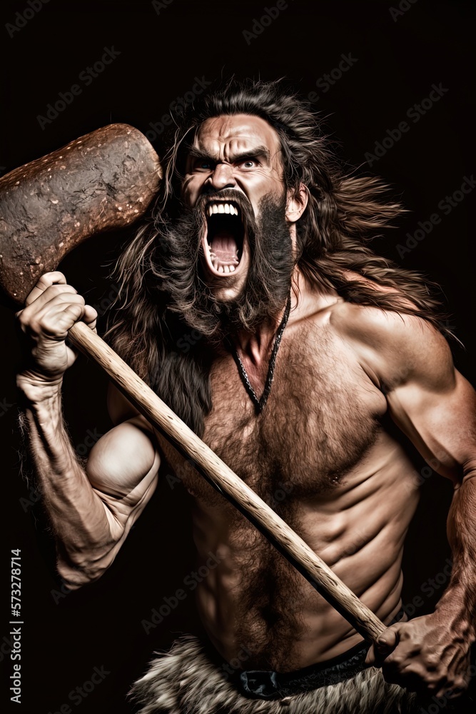 Fototapeta premium An aggressive caveman. Made with Generative AI.