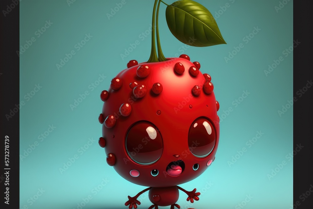 Fototapeta premium a cute adorable cherry cartoon character 3D generative aiIllustration isolated on a solid background with a studio setup in a children-friendly cartoon animation style 