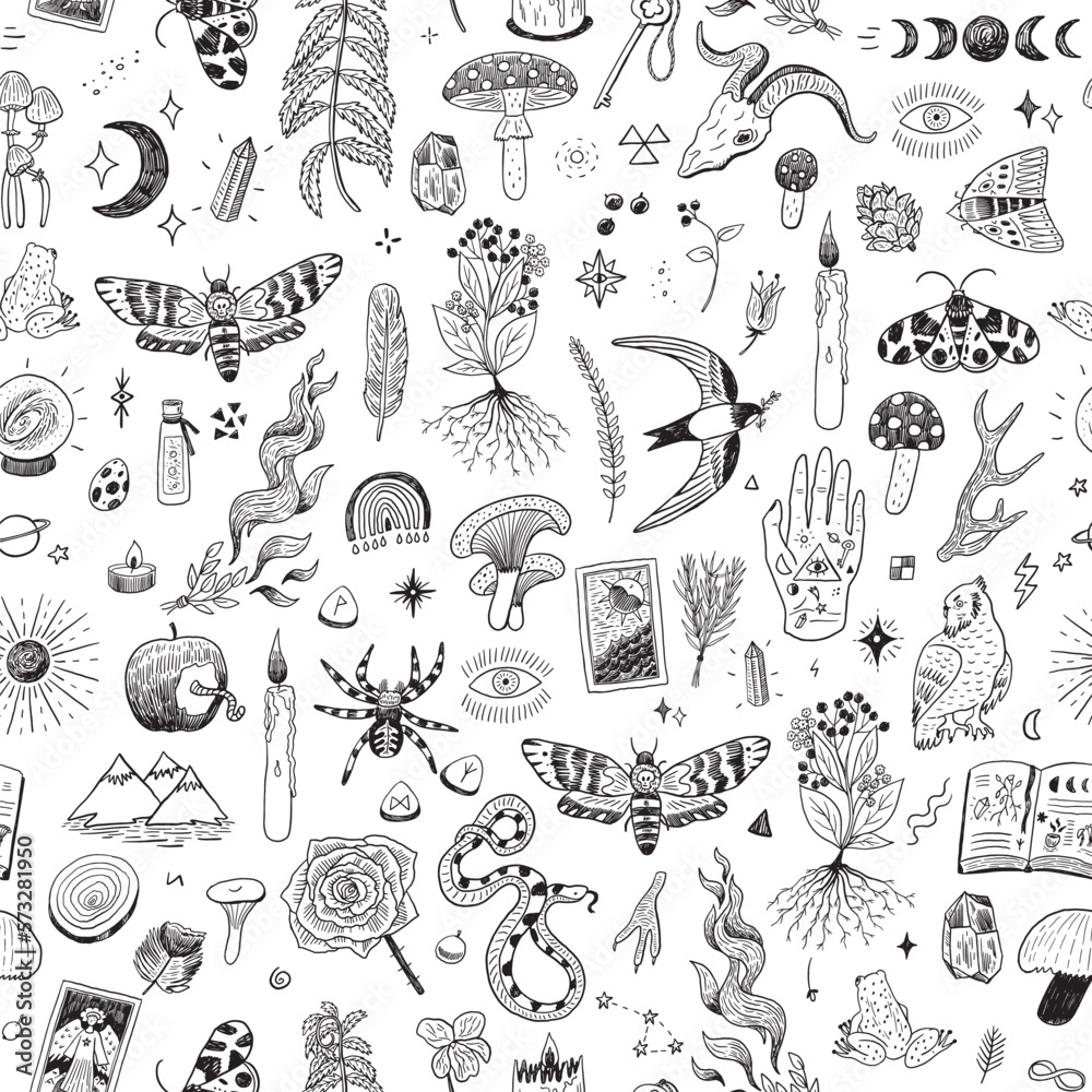 Mystical nature, objects, animals vector line seamless pattern.