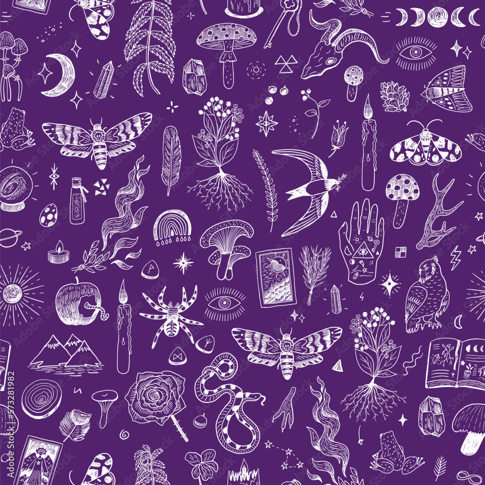 Mystical nature, objects, animals vector line seamless pattern.