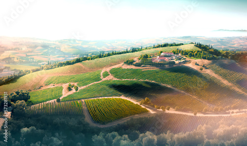 Aerial shot of a vineyard in the rolling hills