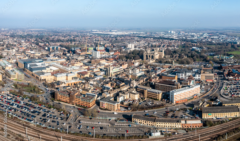 Aerial view of Peterborough cityscape skyline