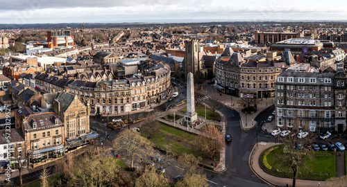 Aerial view of Betty\'s Tea Room and town centre in the Yorkshire Spa Town of Harrogate
