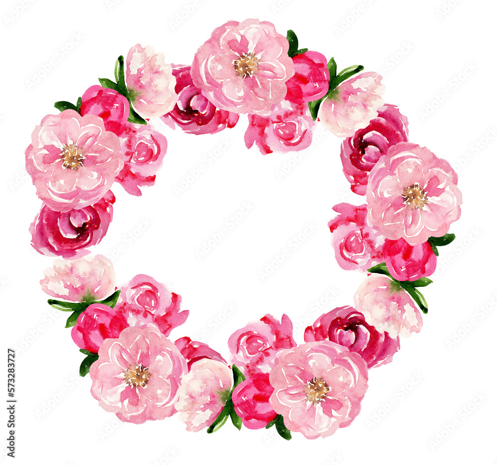 Watercolor floral wreath of pink spring flowers