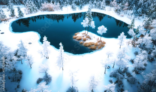 Aerial view of a snow-covered forest with a frozen lake