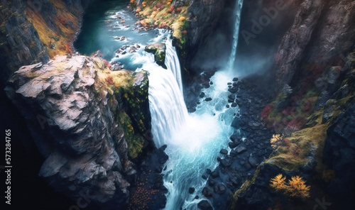 Aerial shot of a tall waterfall plunging into a canyon