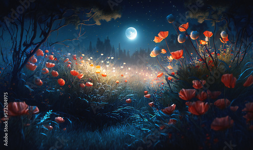 A dreamy and tranquil scene, as fireflies alight on wild poppies