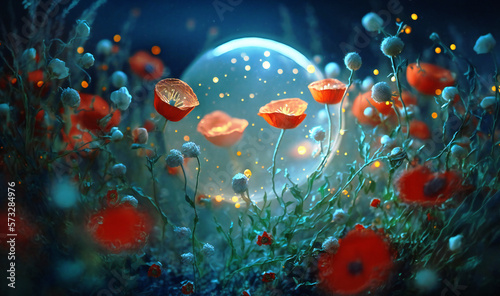 A dreamy and tranquil scene, as fireflies alight on wild poppies
