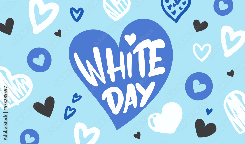 White Day greeting card poster vector illustration. Heart doodle pattern background .