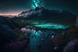 Fantasy mountains near the river decorated with various glows at night AI