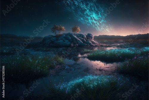 Fantasy mountains near the river decorated with various glows at night AI