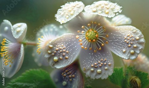 Delicate, ghostly blooms of the Diphylleia gray, shrouded in a veil of raindrops and set against a soft, muted backdrop of pastel hues